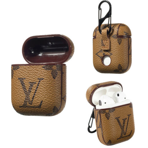 LV Monogram Style Light Brown Leather ShockProof Case for Apple Airpods 1 & 2